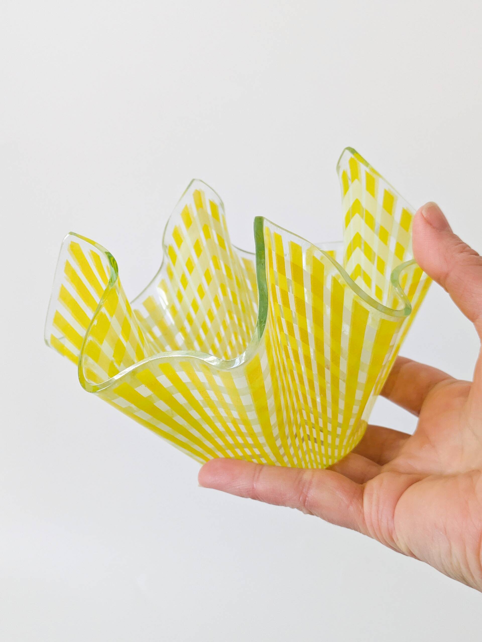 Pair of "Gingham" Chance Brothers cups with yellow checkered pattern and wavy edges.