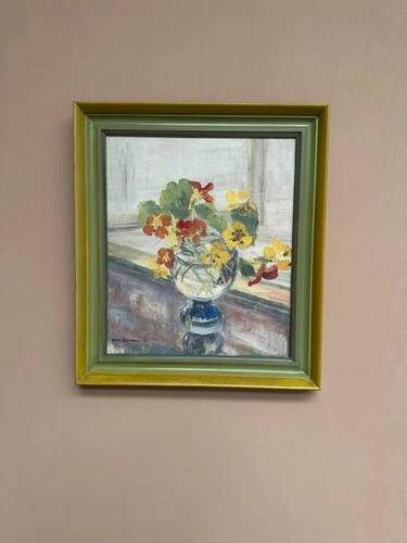 Swedish Oil on Panel "Flower Vase" by Sven Oswaldsson 47, Signed, Framed 44×49cm