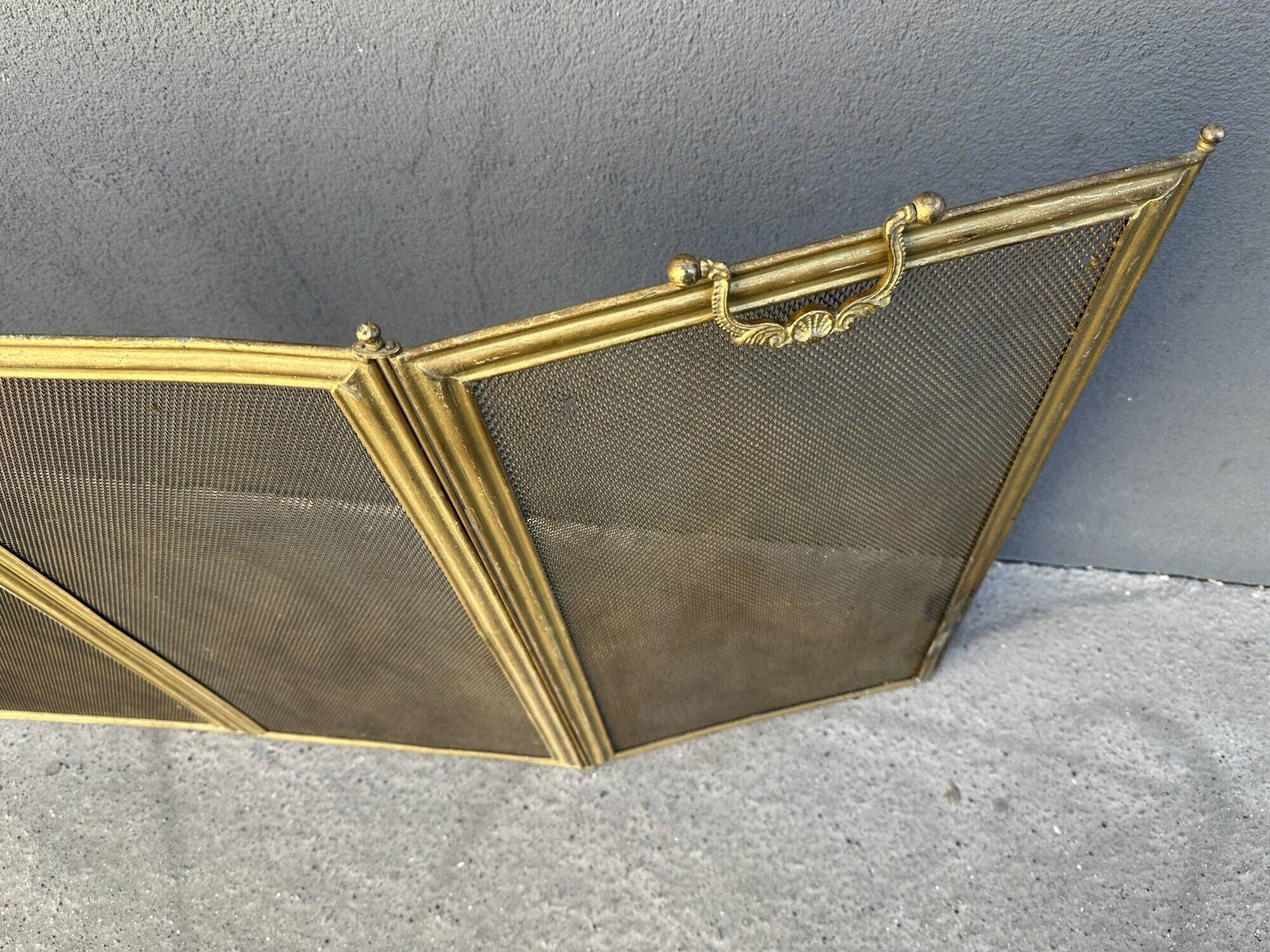 Antique 19th-century fireplace screen, French gilded spark guard.