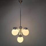 1930s Czech Art Deco Blue Opaline Glass and Chrome Four-Light Chandelier