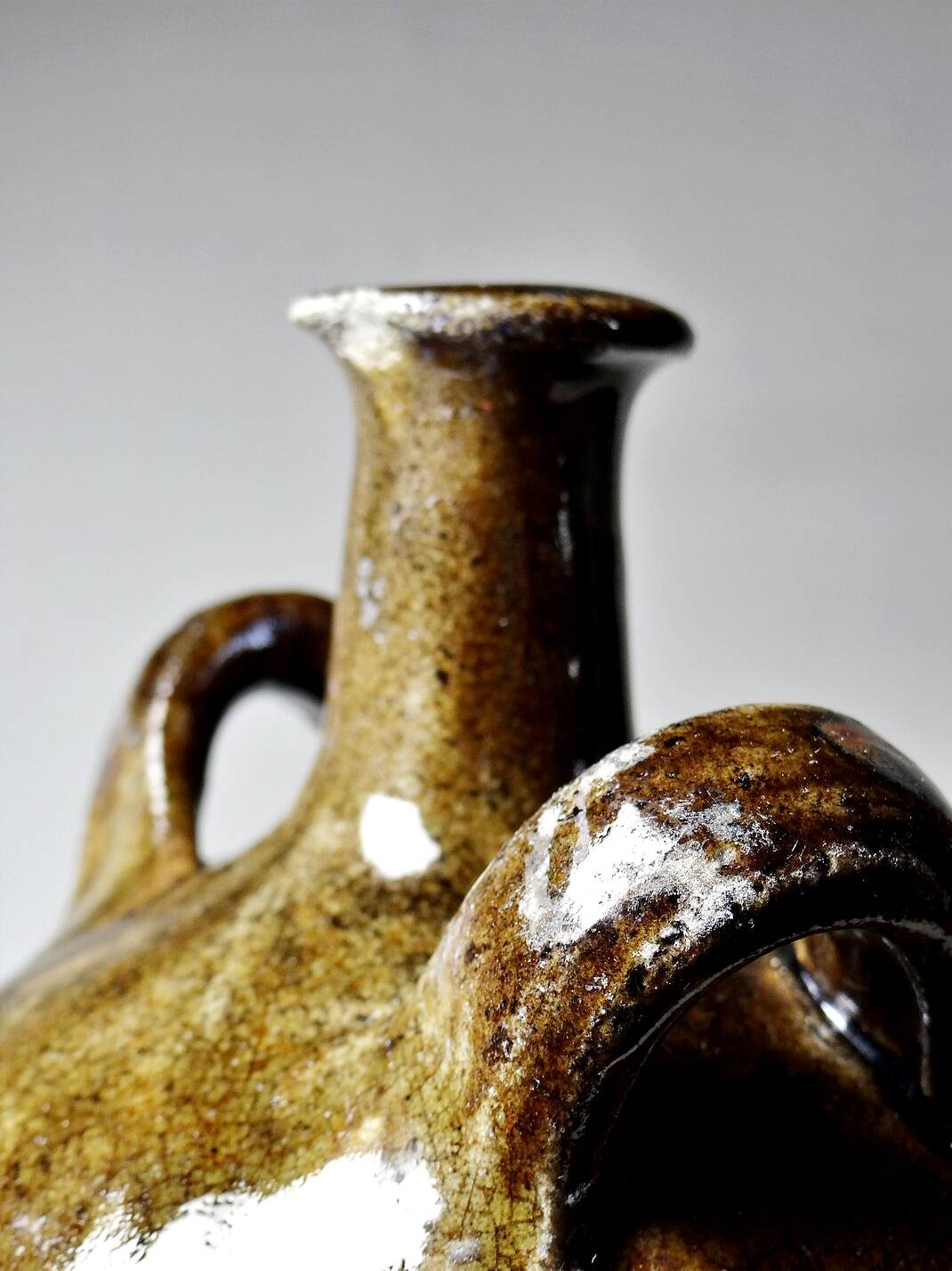 Old stoneware oil jar, glazed and enamelled, 2 handles