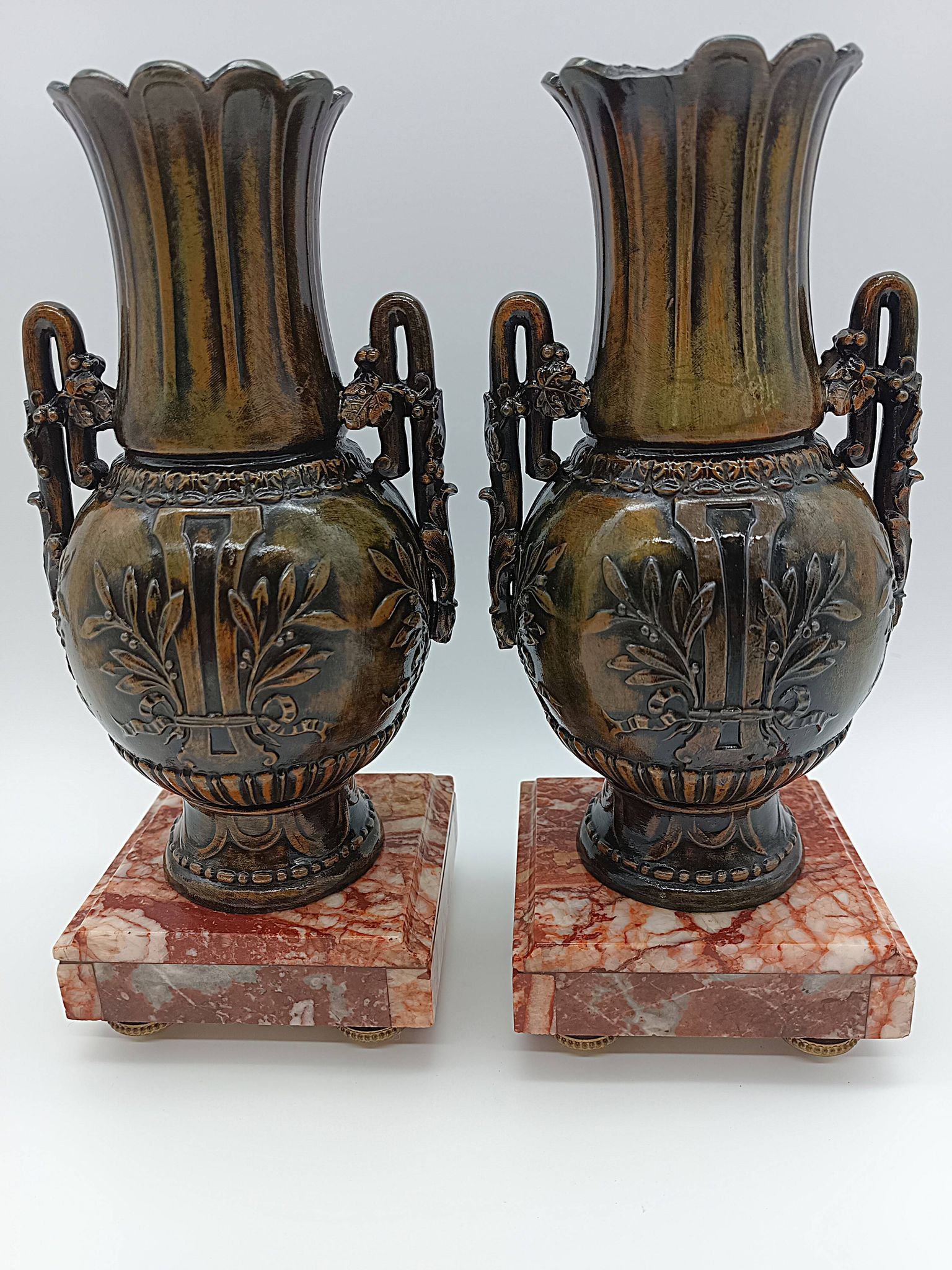 Pair of Antique Cassolettes Vases Louis XVI Style Regule & Red Marble 19