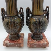 Pair of Antique Cassolettes Vases Louis XVI Style Regule & Red Marble 19