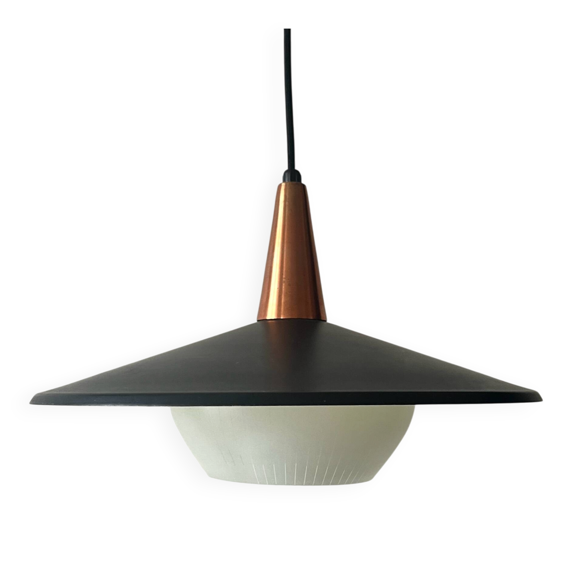 Scandinavian suspension in black metal, copper, and opal glass, 1970s design.