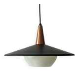 Scandinavian suspension in black metal, copper, and opal glass, 1970s design.