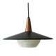 Scandinavian suspension in black metal, copper, and opal glass, 1970s design.