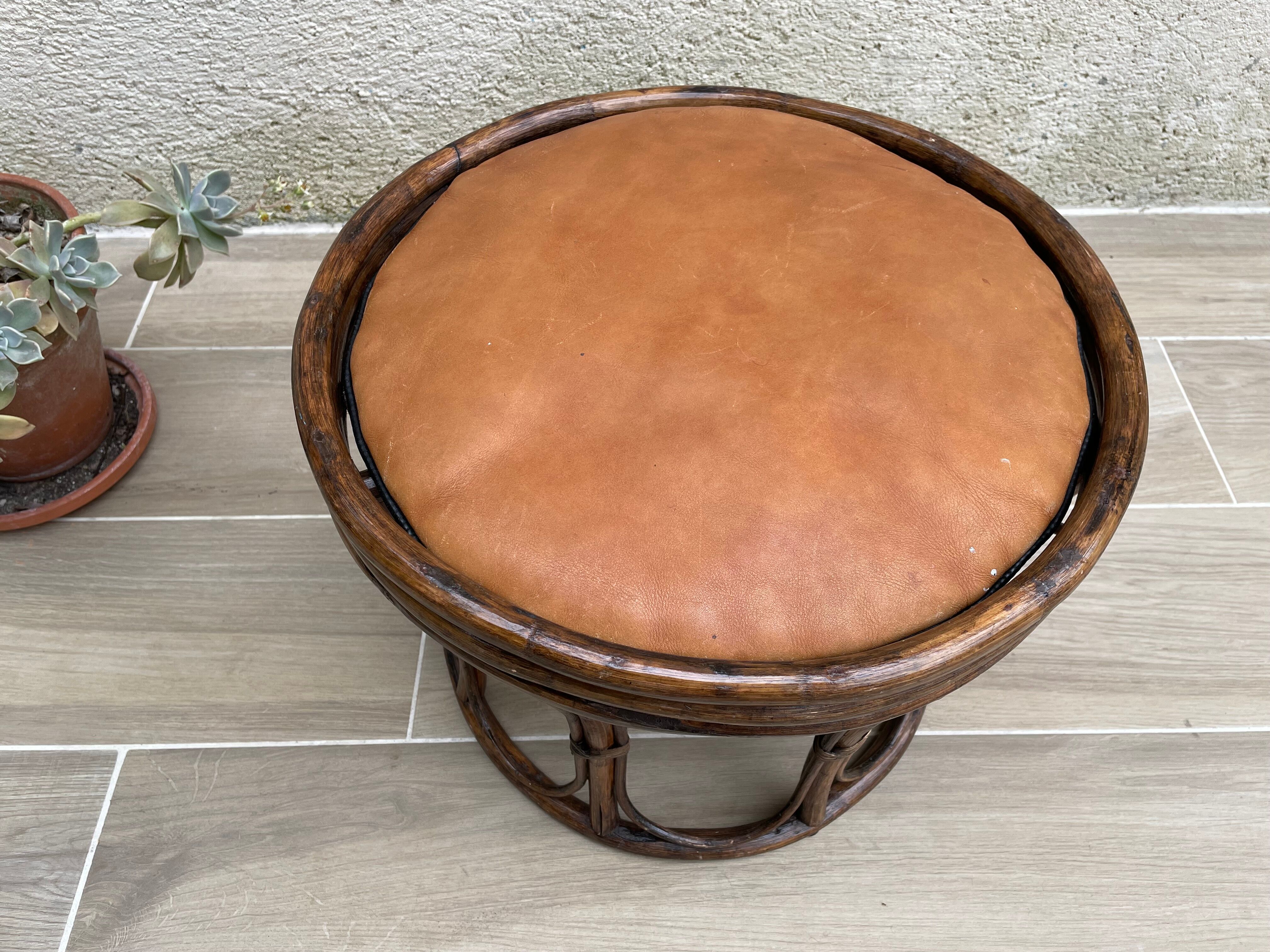 Pouf vintage rotin et cuir