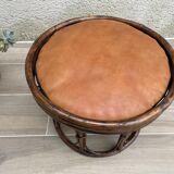 Vintage rattan and leather pouf