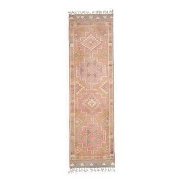 Tapis couloir en laine et coton turc vintage noué à la main rose 92x335