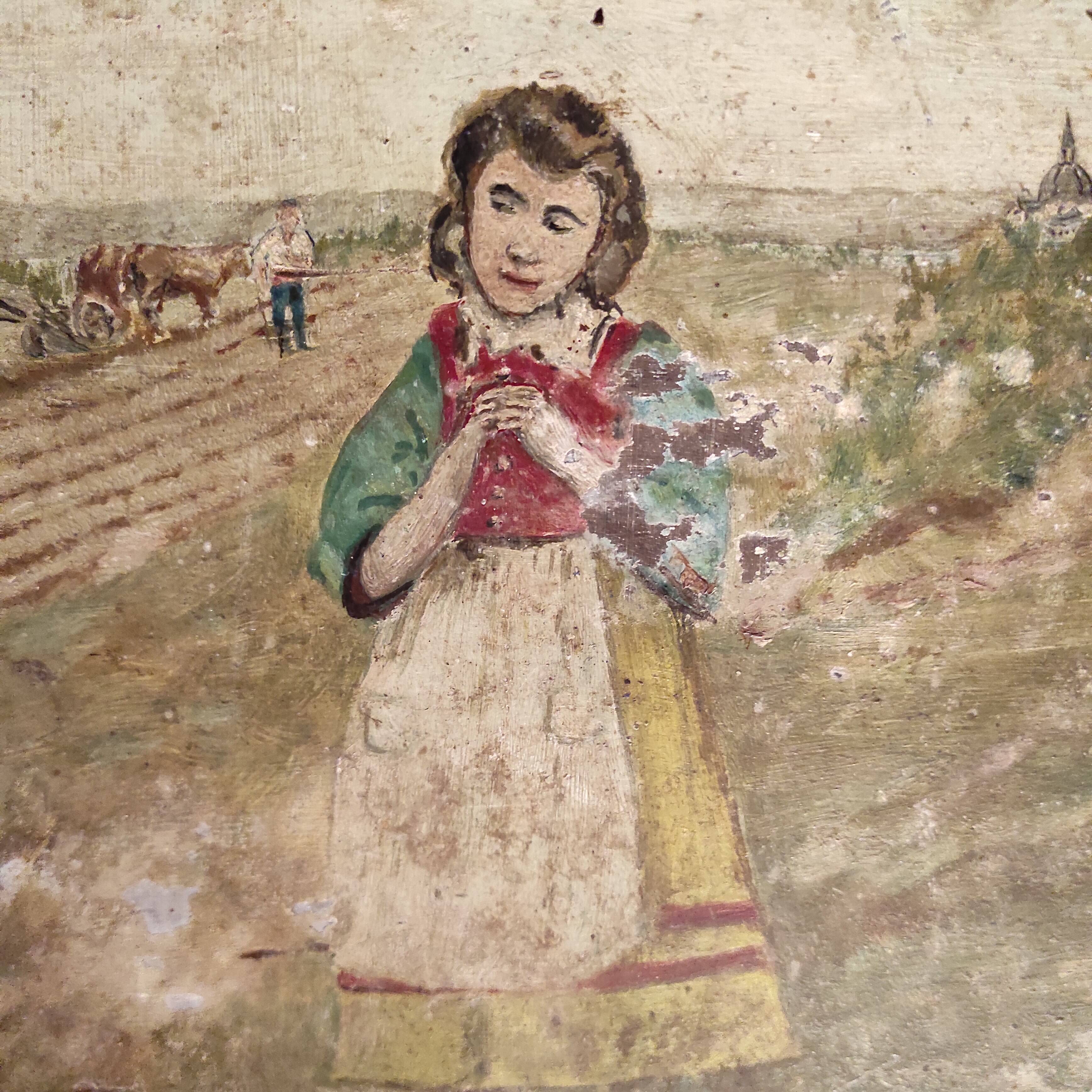 French vintage oil painting, L'Angelus des ecoliers, signed D. Ladrens