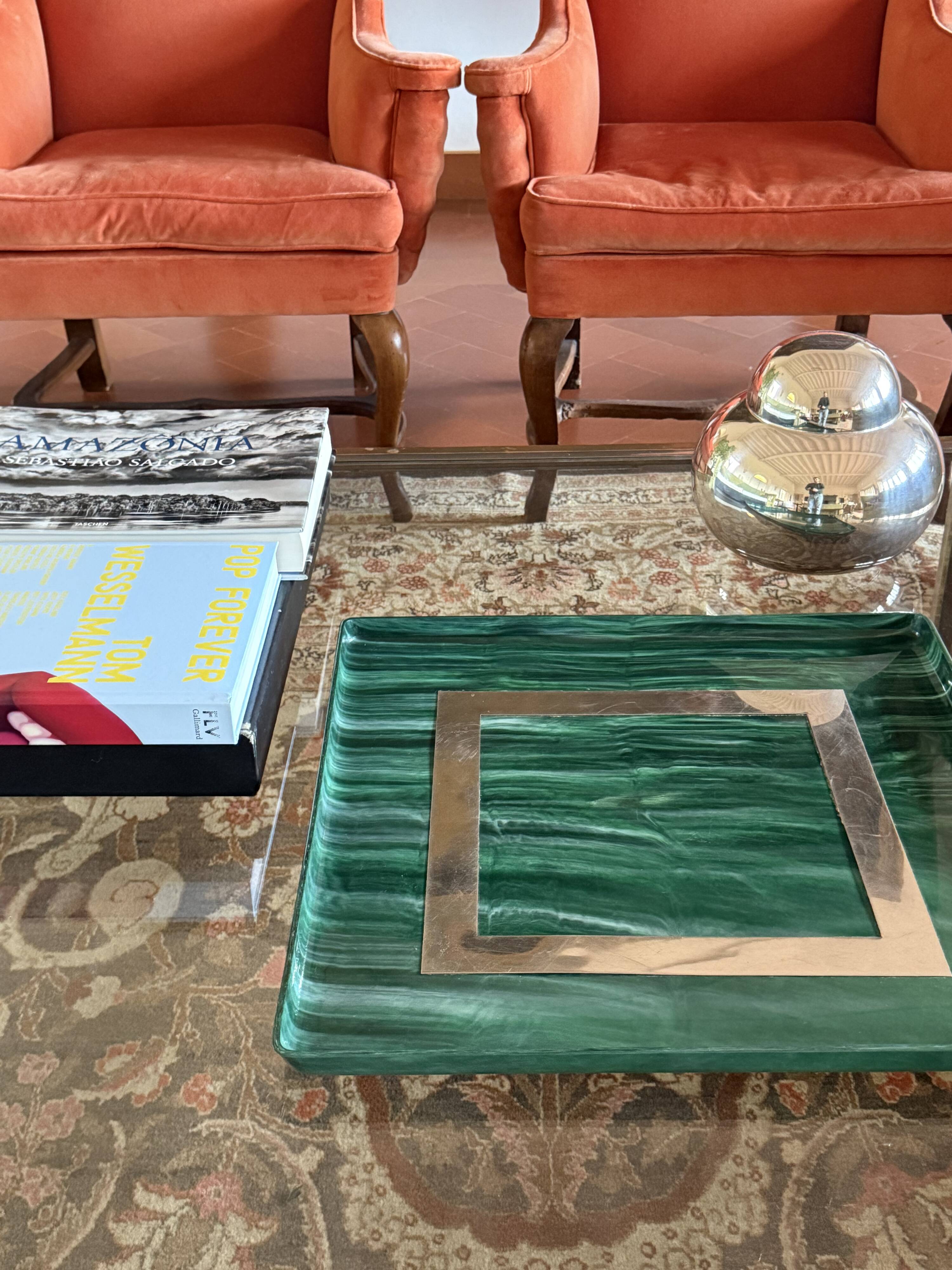 Hollywood regency malachite effect resin & brass tray, Italy 1970s