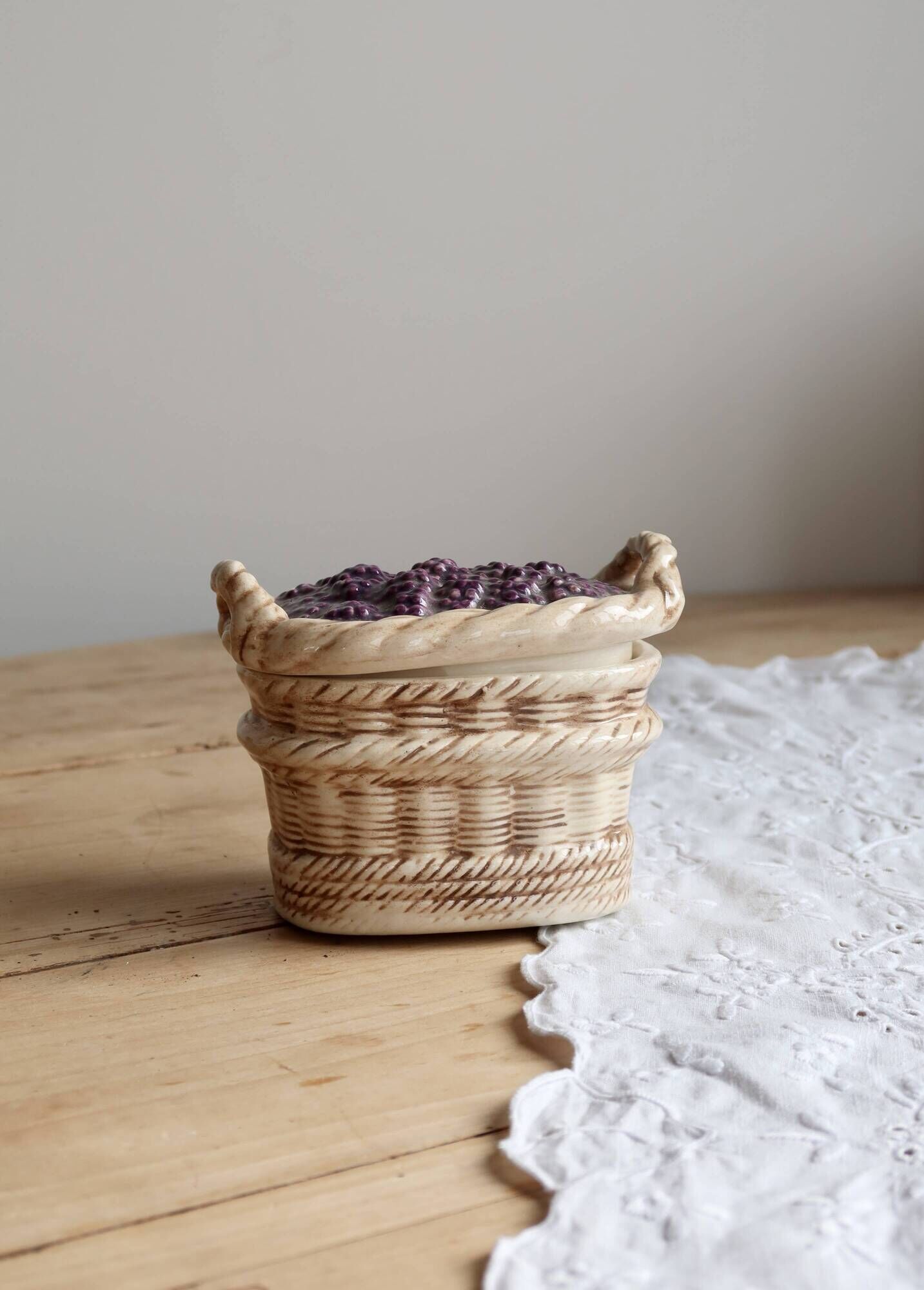 Vintage barbotine sugar bowl / sweet jar blackberry basket