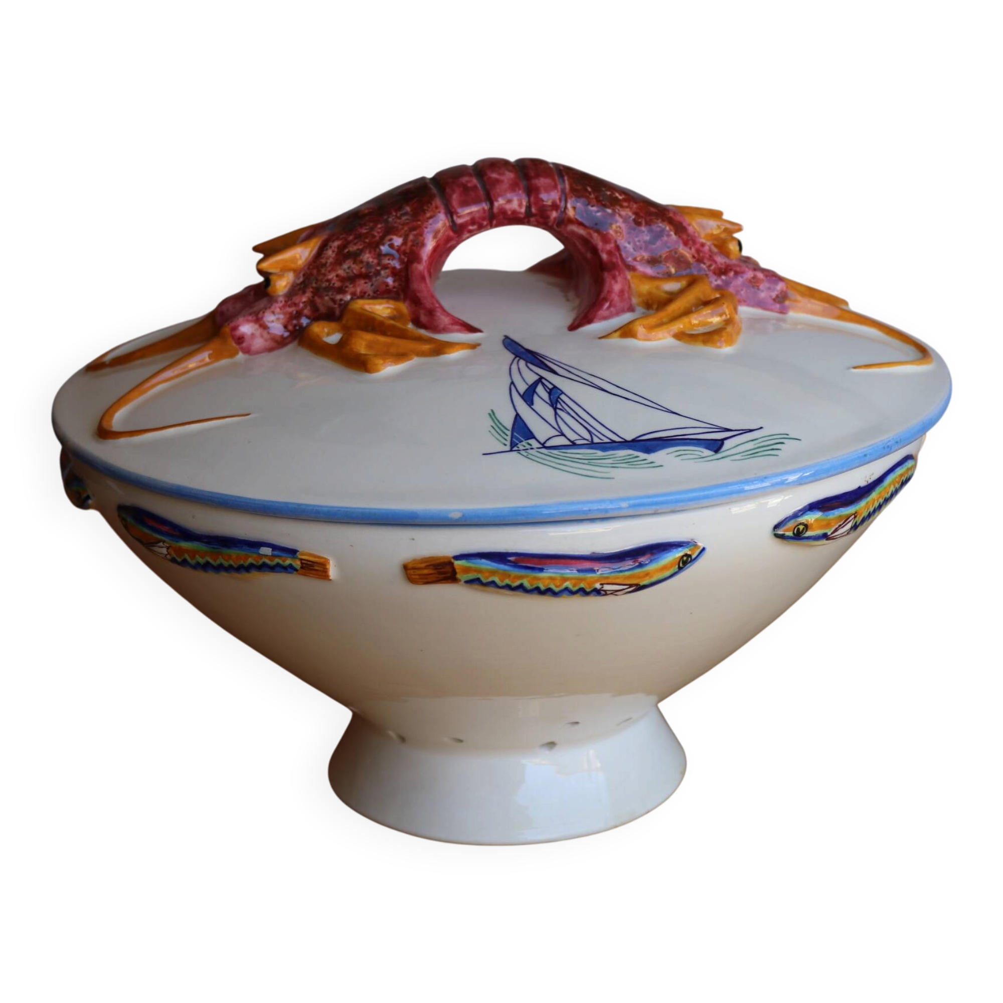 Covered ceramic vegetable dish with painted marine decoration – lobster