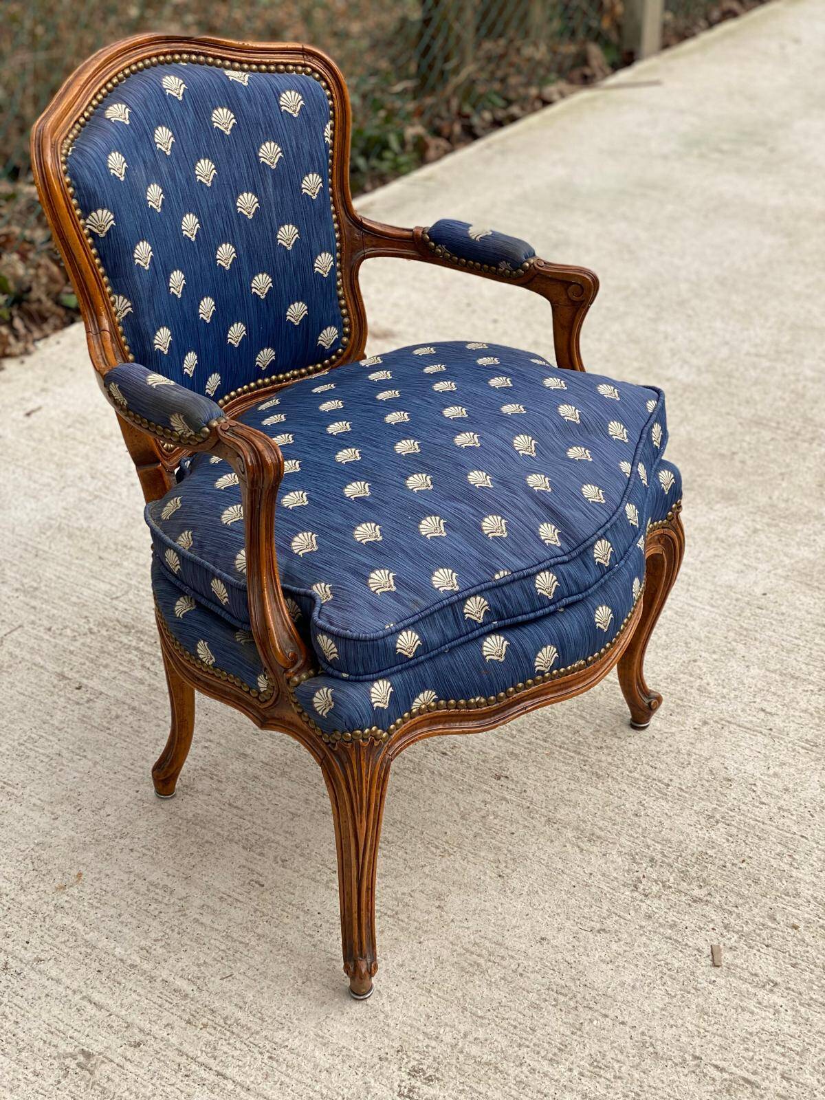 Bergère armchair Louis XV blue silk fabric embroidered
