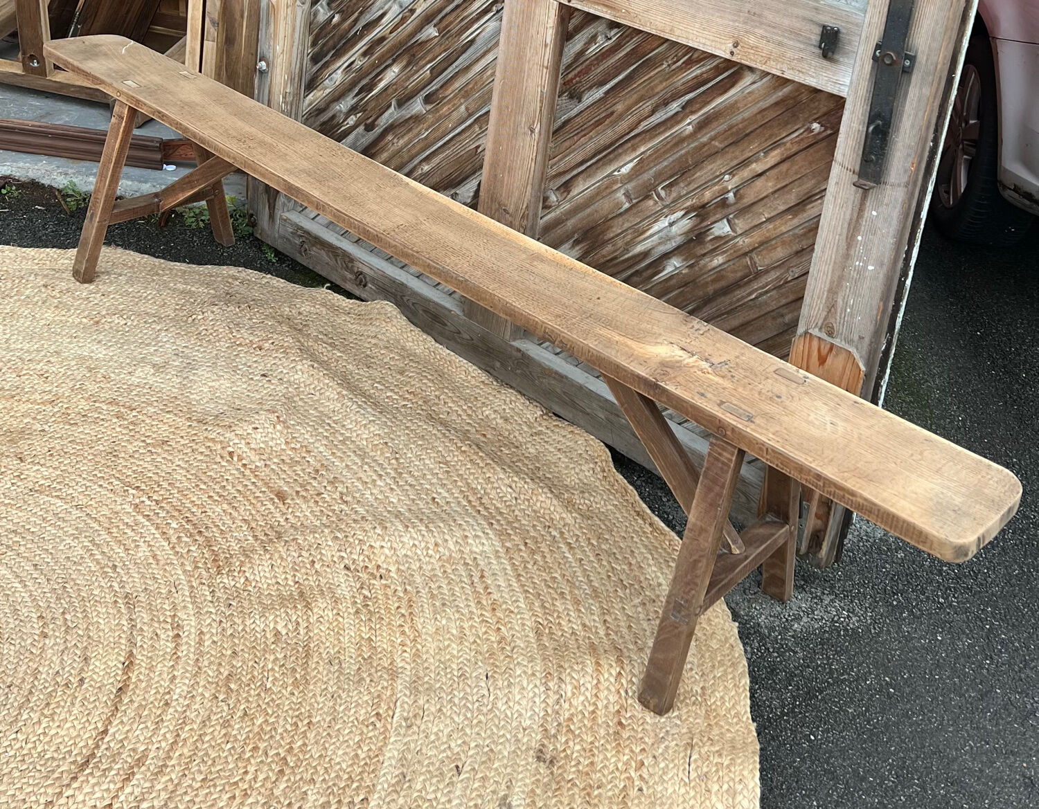 Large old farmhouse bench in raw solid oak