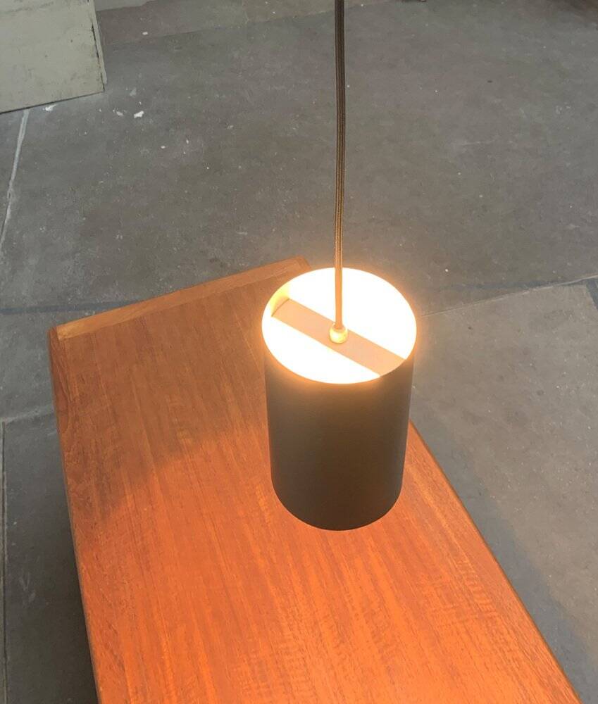 Minimalist cylindrical pendant light from the mid-century in metal by Eila & John Meiling for Louis Poulsen, set of 3.