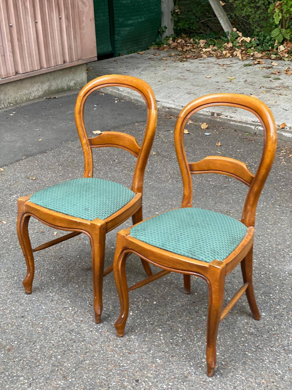2 Louis Philippe chairs in solid curved wood and embroidered blue-green fabric
