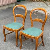 2 Louis Philippe chairs in solid curved wood and embroidered blue-green fabric