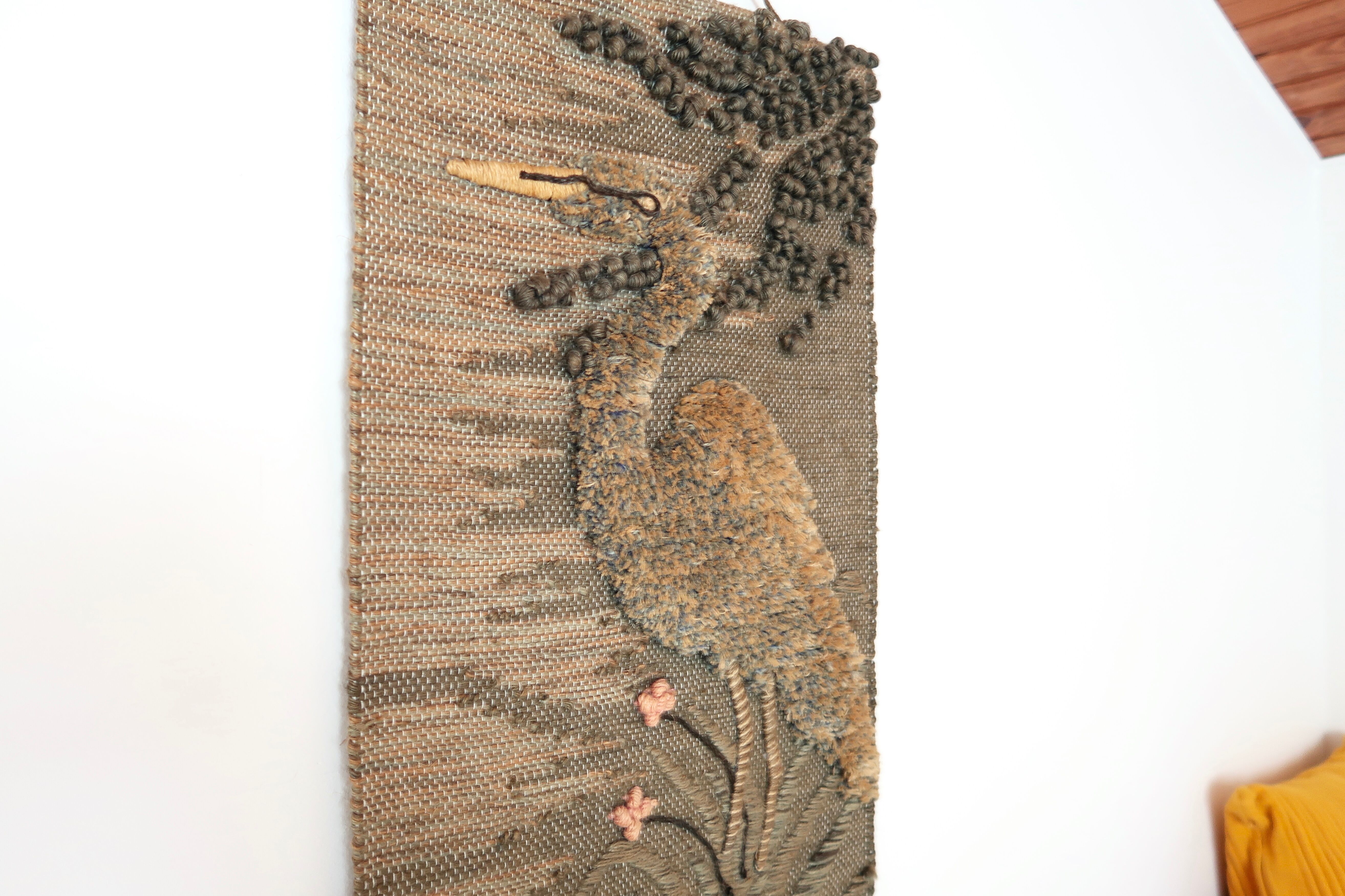Wall tapestry "heron" in wool with relief, 70s