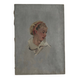 Oil on canvas charming portrait of a young woman with a headdress 1920