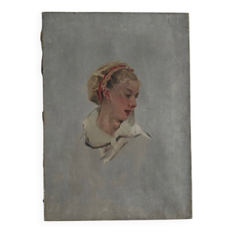 Oil on canvas charming portrait of a young woman with a headdress 1920