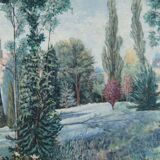 Vue champêtre et du village - huile sur toile signée en bas à droite Ecole Française XXème
