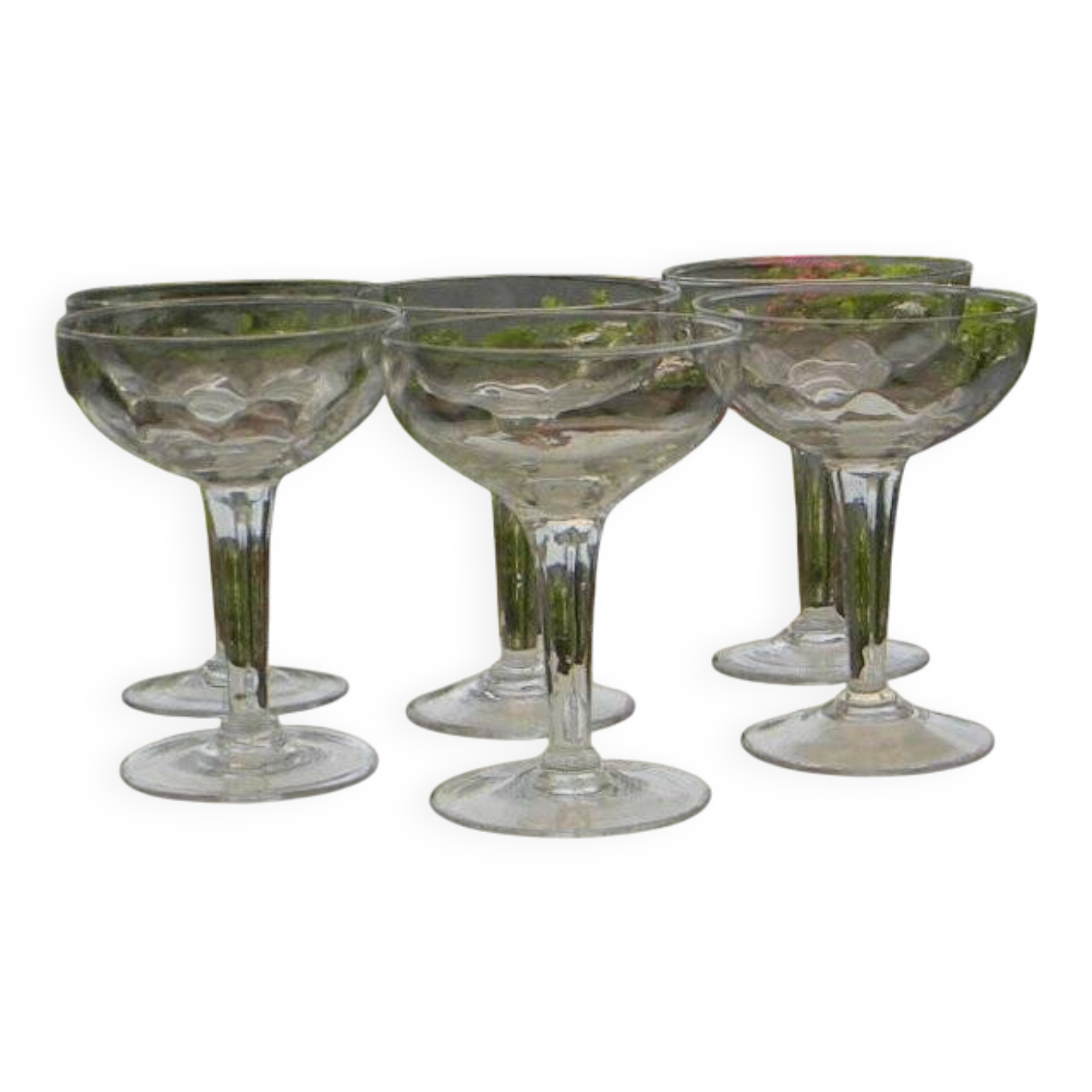 Set of 6 antique glass champagne glasses.