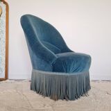 Fauteuil crapaud velours bleu avec franges