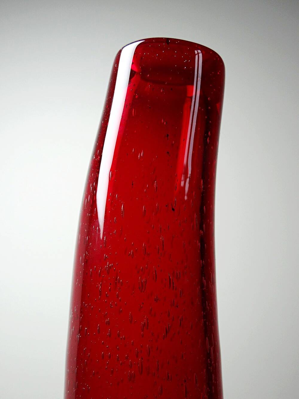 Red blown glass bubble tube vase in Murano style, vintage 80s-90s.