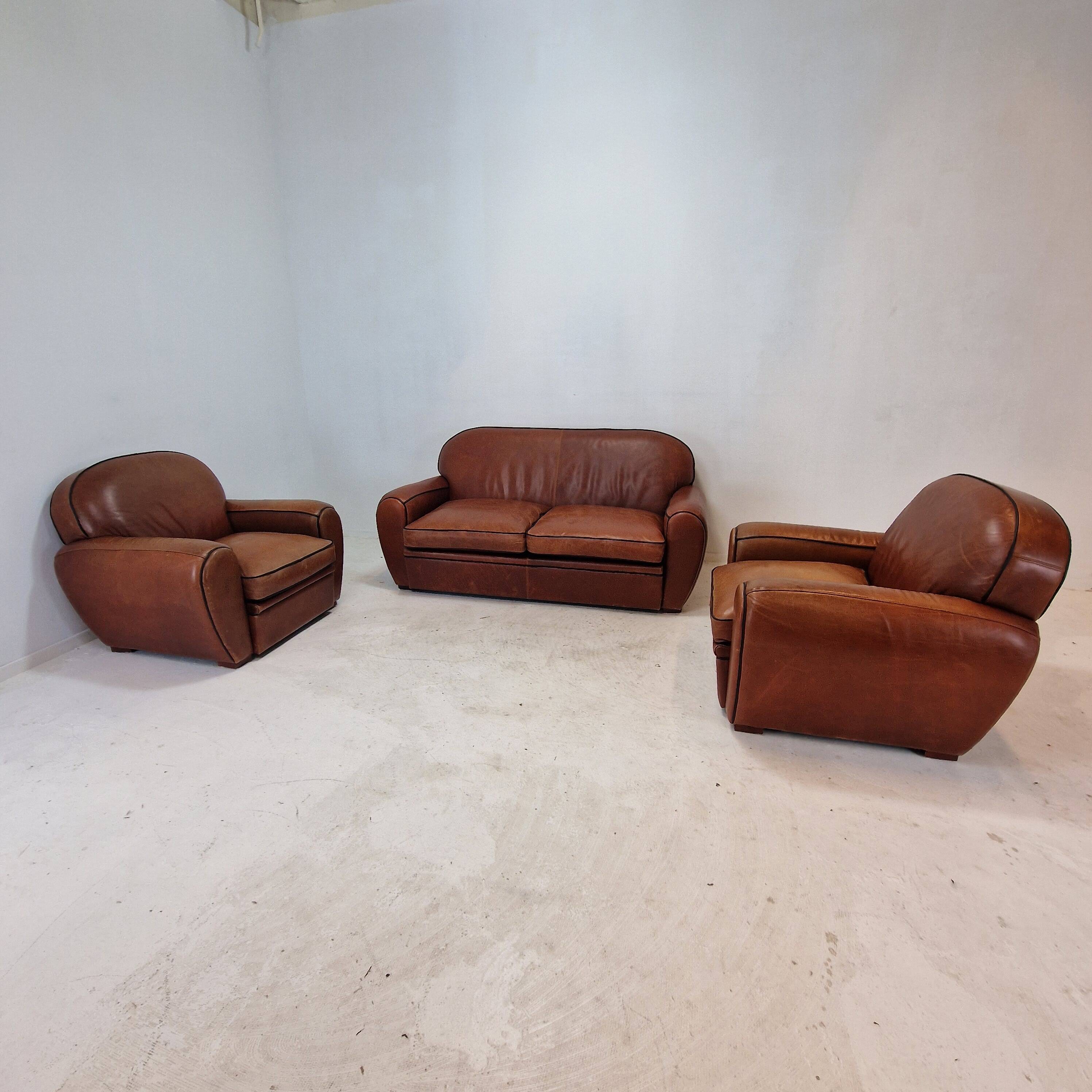 Set of 2 Club Chairs and 1 Sofa in Saddle Leather by Jan Frantzen, Netherlands