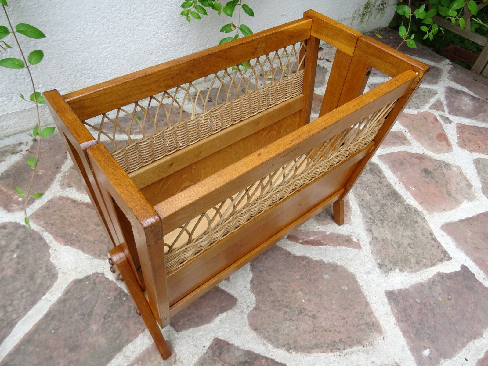 Oak and rattan magazine rack