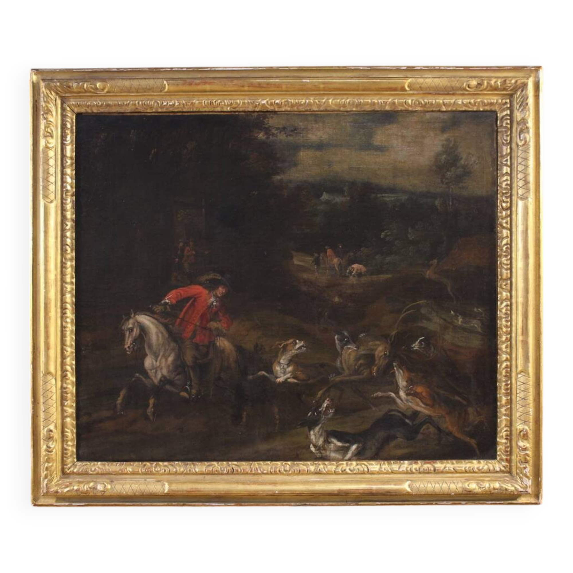 Peinture italienne antique d'une scène de chasse au cerf du XVIIIe siècle