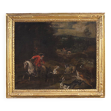 Peinture italienne antique d'une scène de chasse au cerf du XVIIIe siècle
