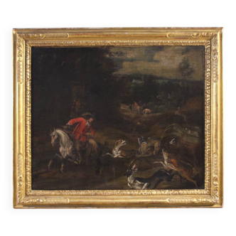 Antique Italian painting of a deer hunting scene from the 18th century