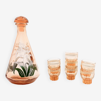 Art Nouveau liqueur service in salmon glass Lily of the valley décor