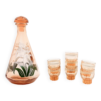 Service à liqueur art nouveau en verre saumon Décor muguet (ou lys des vallées)