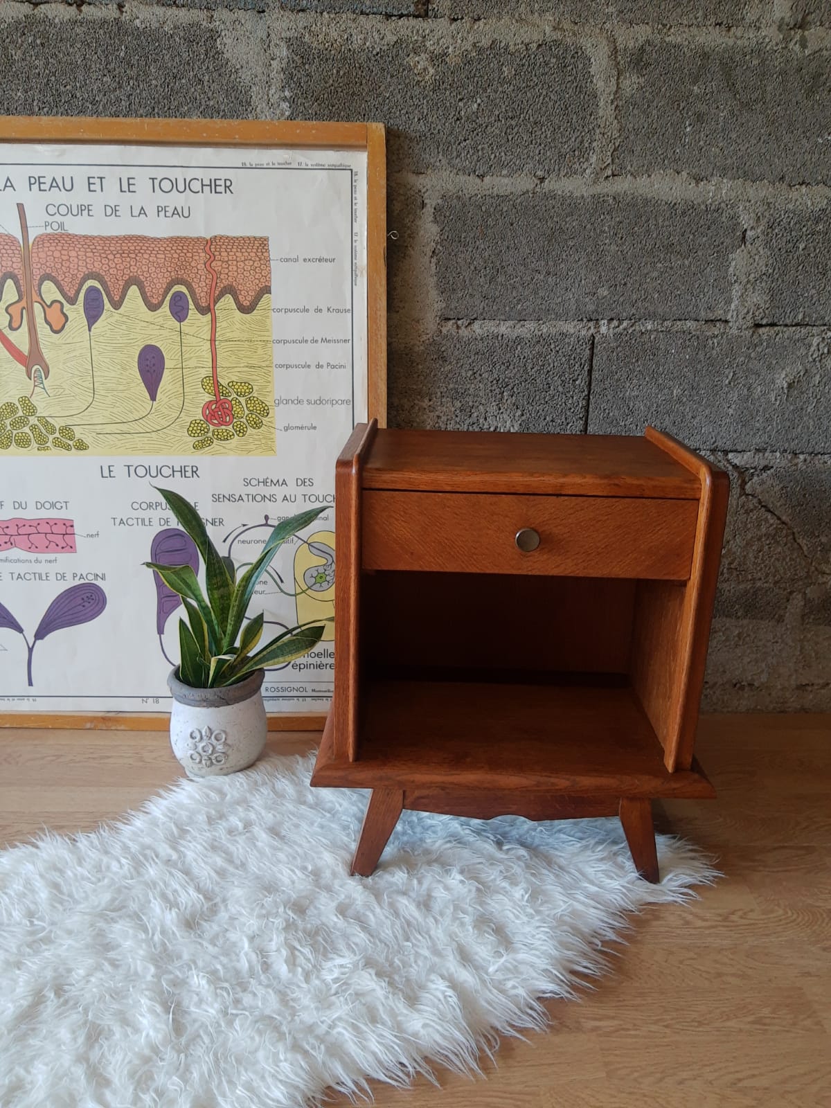 Bedside table oak compass legs - vintage