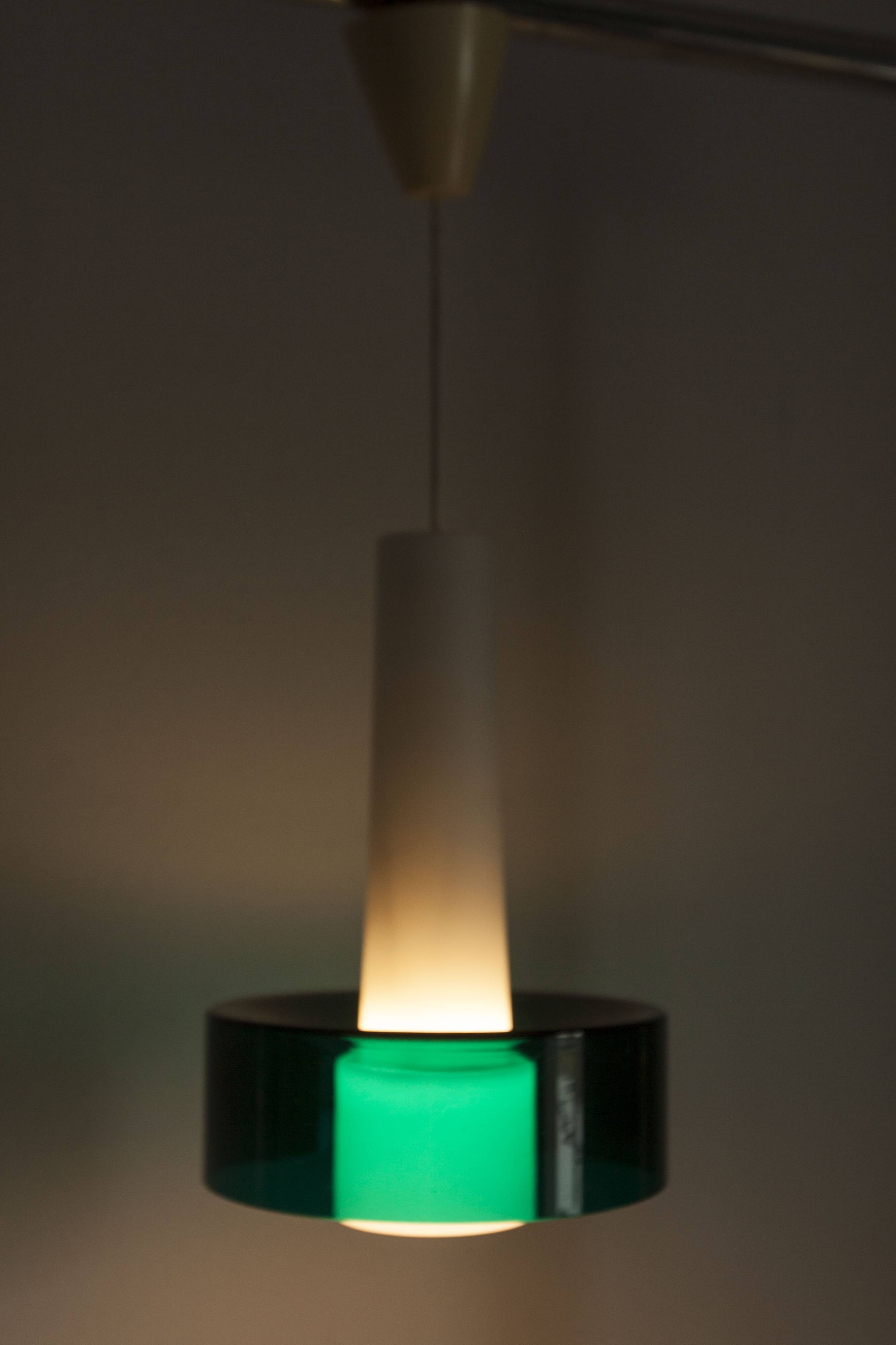 Vintage suspension in 2 elements, white opaline and transparent glass.