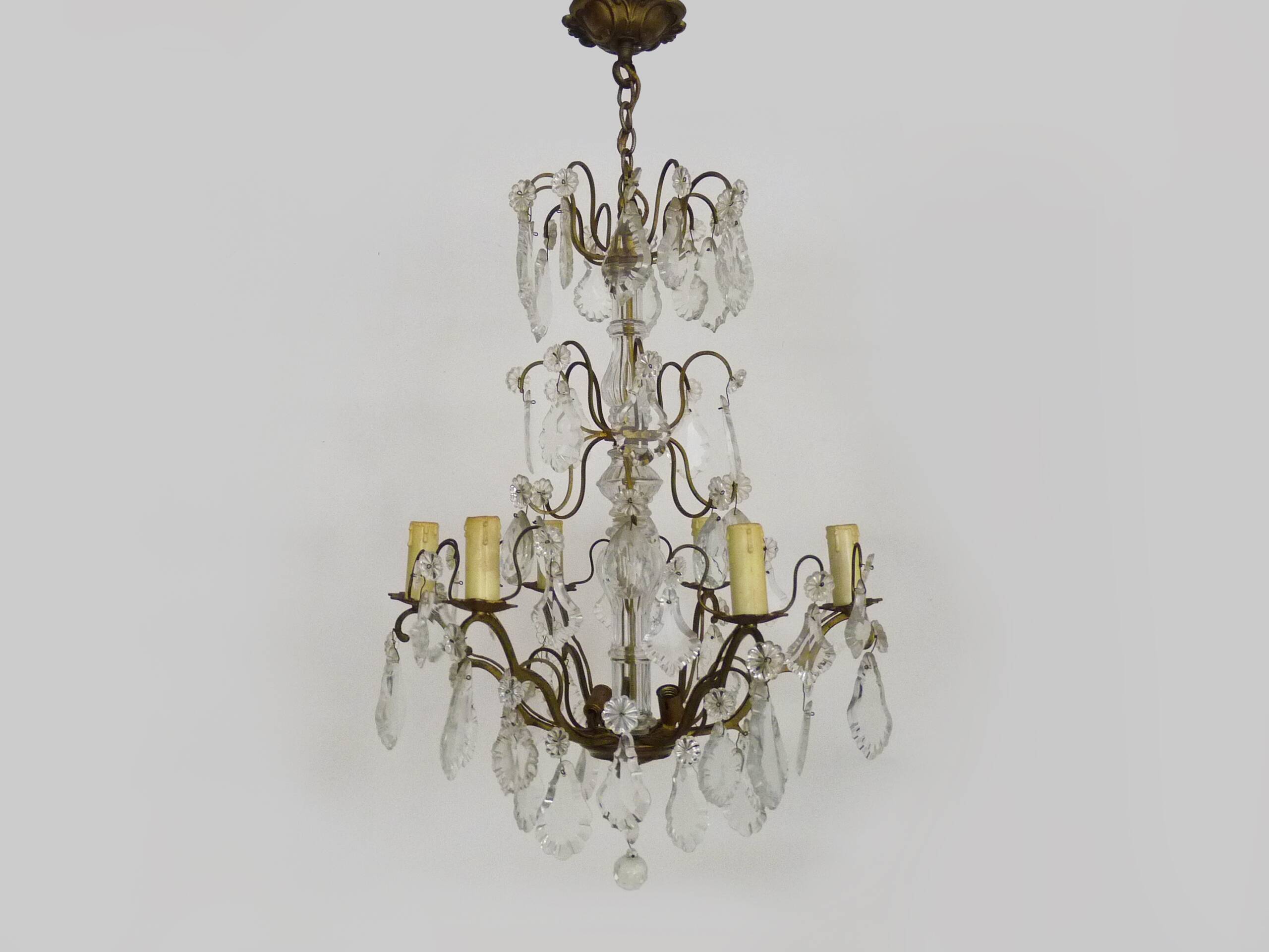 Vintage 8-light chandelier with glass pendants. 1960s.