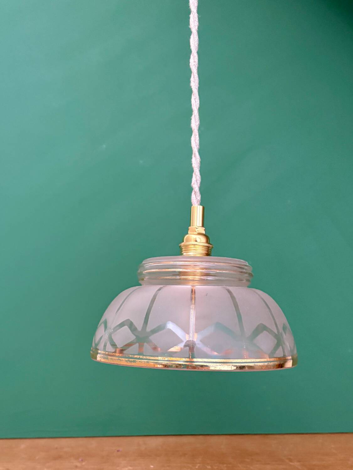Vintage pendant lamp shade in white and gold frosted glass