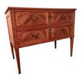 Commode ancienne d'époque Louis XVI, en noyer, cerisier et frêne