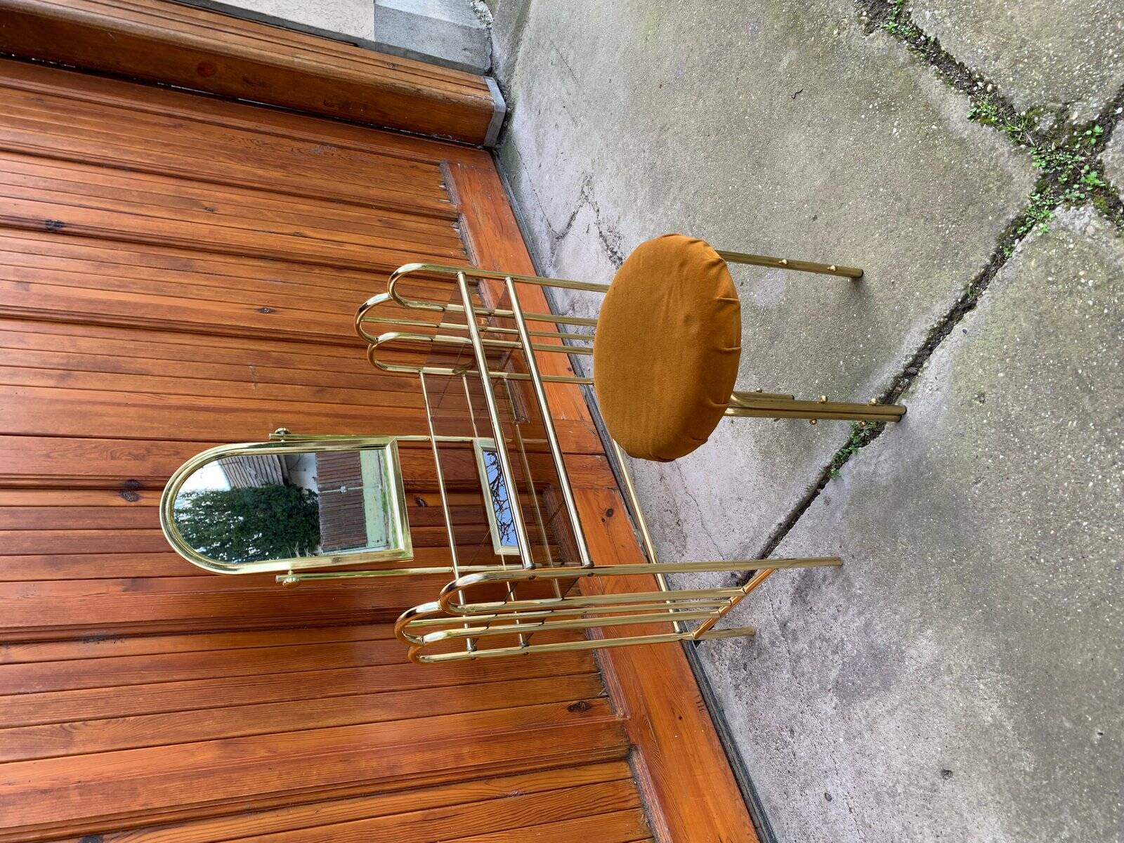 Vintage brown brass dressing table with mirror and matching stool, 1950s - set of 2