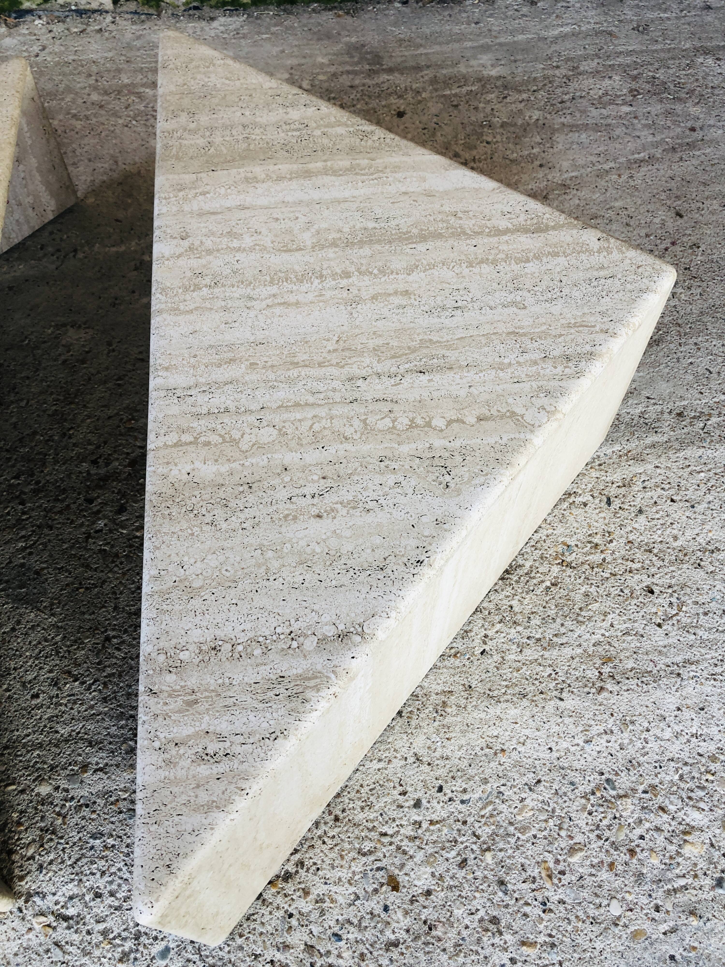 Pair of triangular coffee tables in travertine, Italy circa 70 / 80