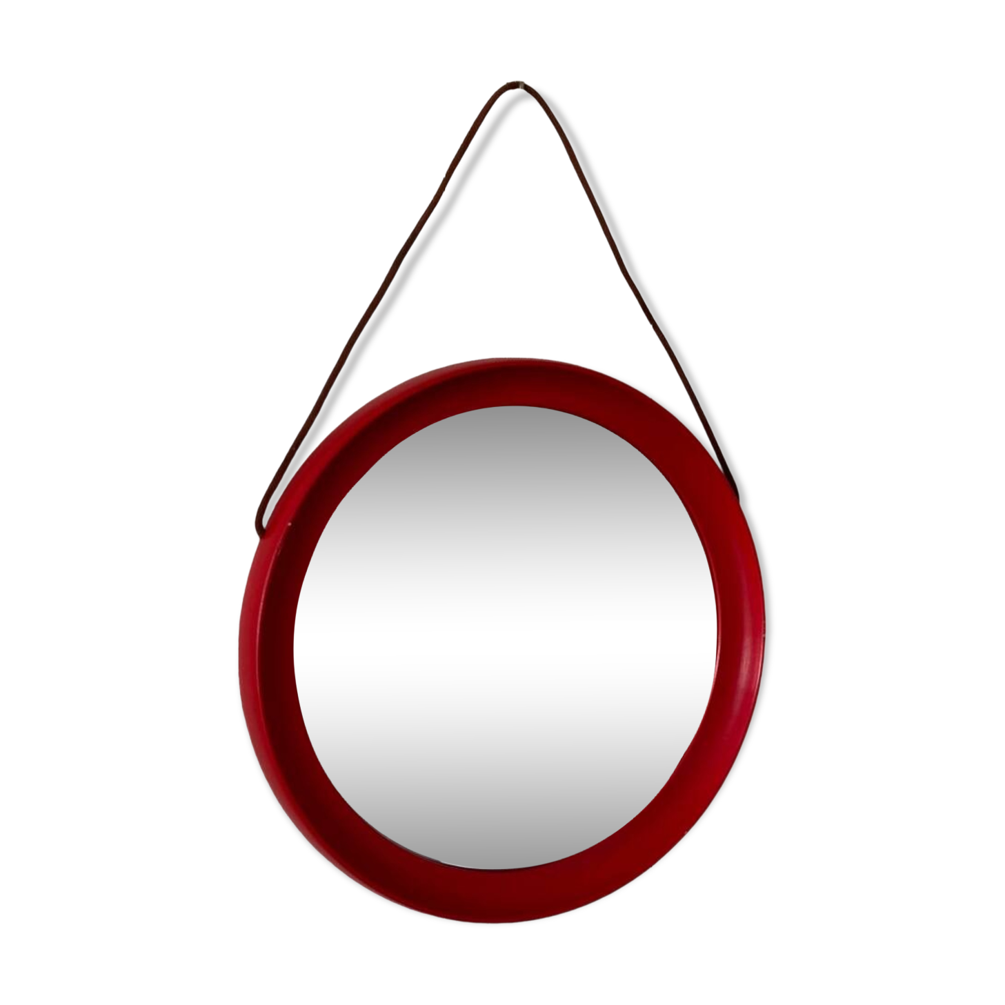 Mid-Century Scandinavian Red Round Wooden Mirror with Leather Strap, 1950s
