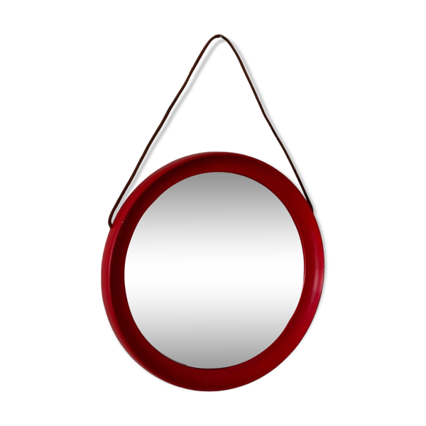 Miroir rond en bois rouge scandinave du milieu du siècle avec lanière en cuir, années 1950 — Beyit