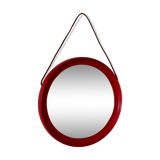 Mid-Century Scandinavian Red Round Wooden Mirror with Leather Strap, 1950s