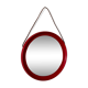 Mid-Century Scandinavian Red Round Wooden Mirror with Leather Strap, 1950s