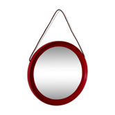 Mid-Century Scandinavian Red Round Wooden Mirror with Leather Strap, 1950s