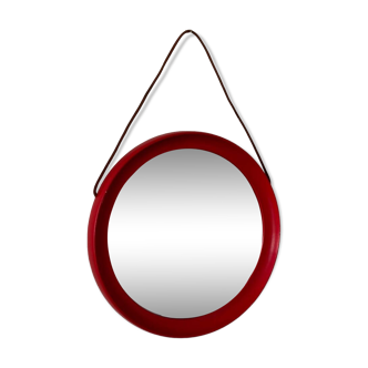 Mid-Century Scandinavian Red Round Wooden Mirror with Leather Strap, 1950s