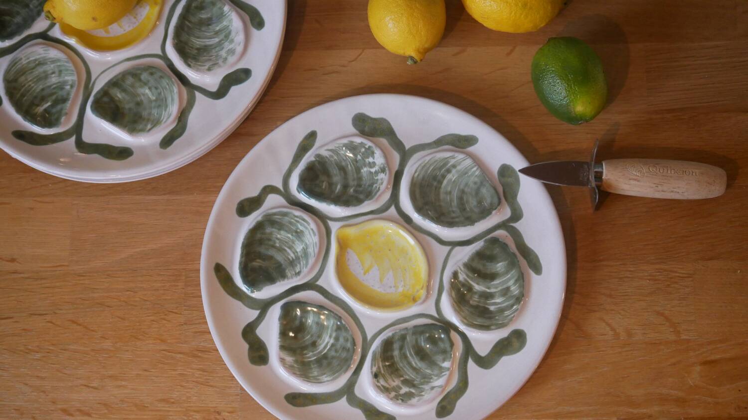 Set of 4 Belon earthenware oyster plates – 25 cm – yellow & green